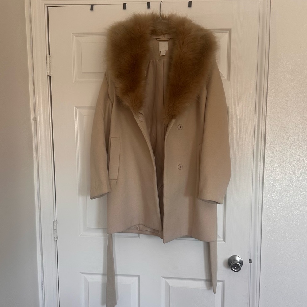 H&M Beige White Trench Pea Coat with Removable Faux Fur Collar